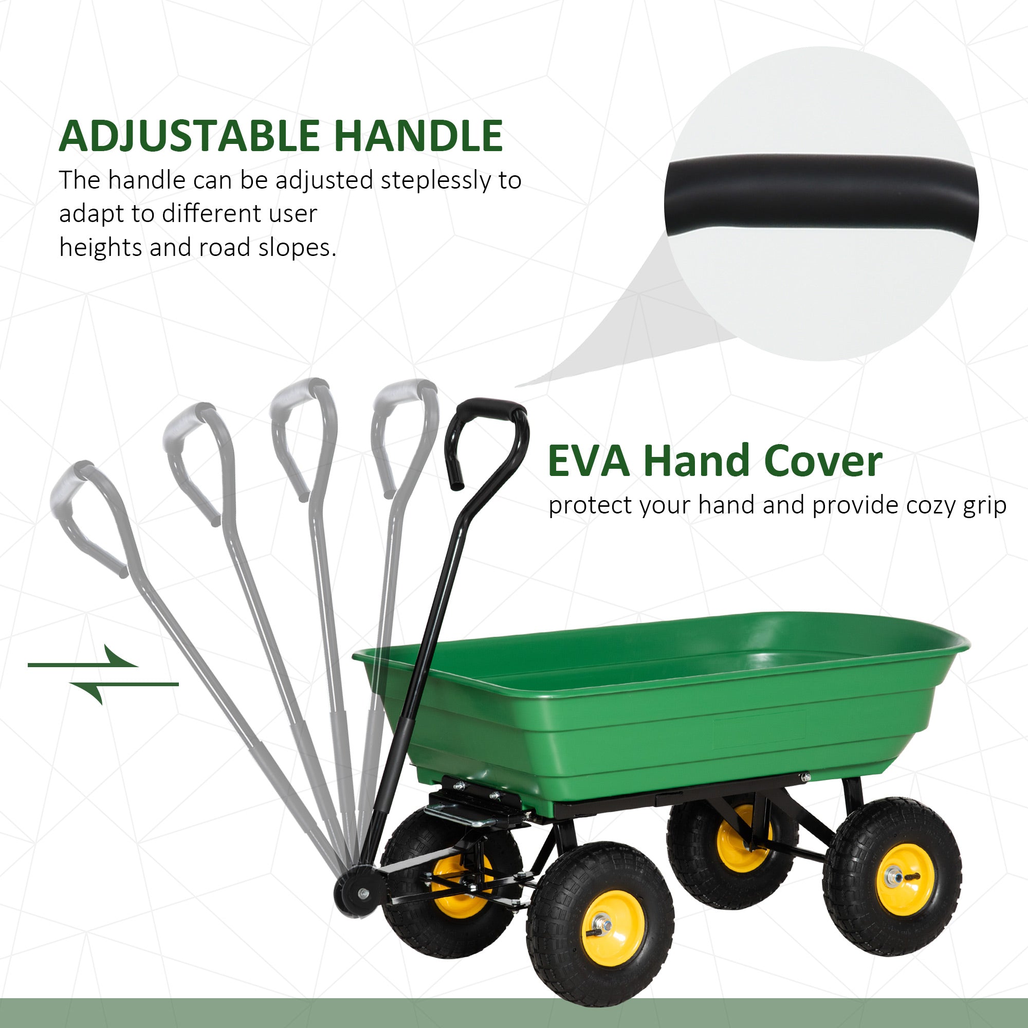 Green plastic garden cart with black adjustable handle and yellow wheels, heavy duty 75 litre Outsunny trolley