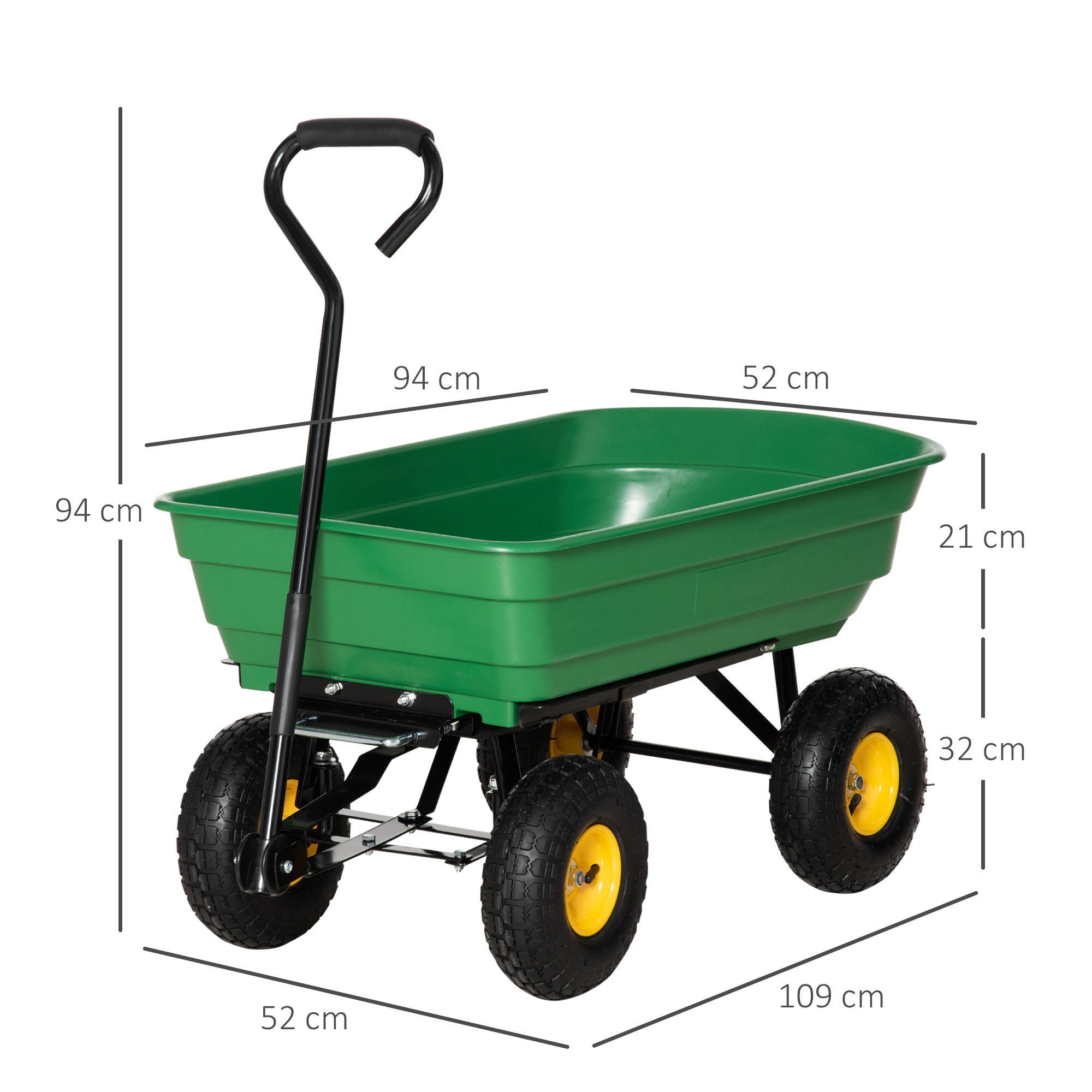 Green plastic garden cart with black metal frame and yellow wheels heavy duty 75 litre outsunny model
