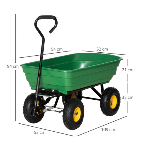 Green plastic garden cart with black metal frame and yellow wheels heavy duty 75 litre outsunny model
