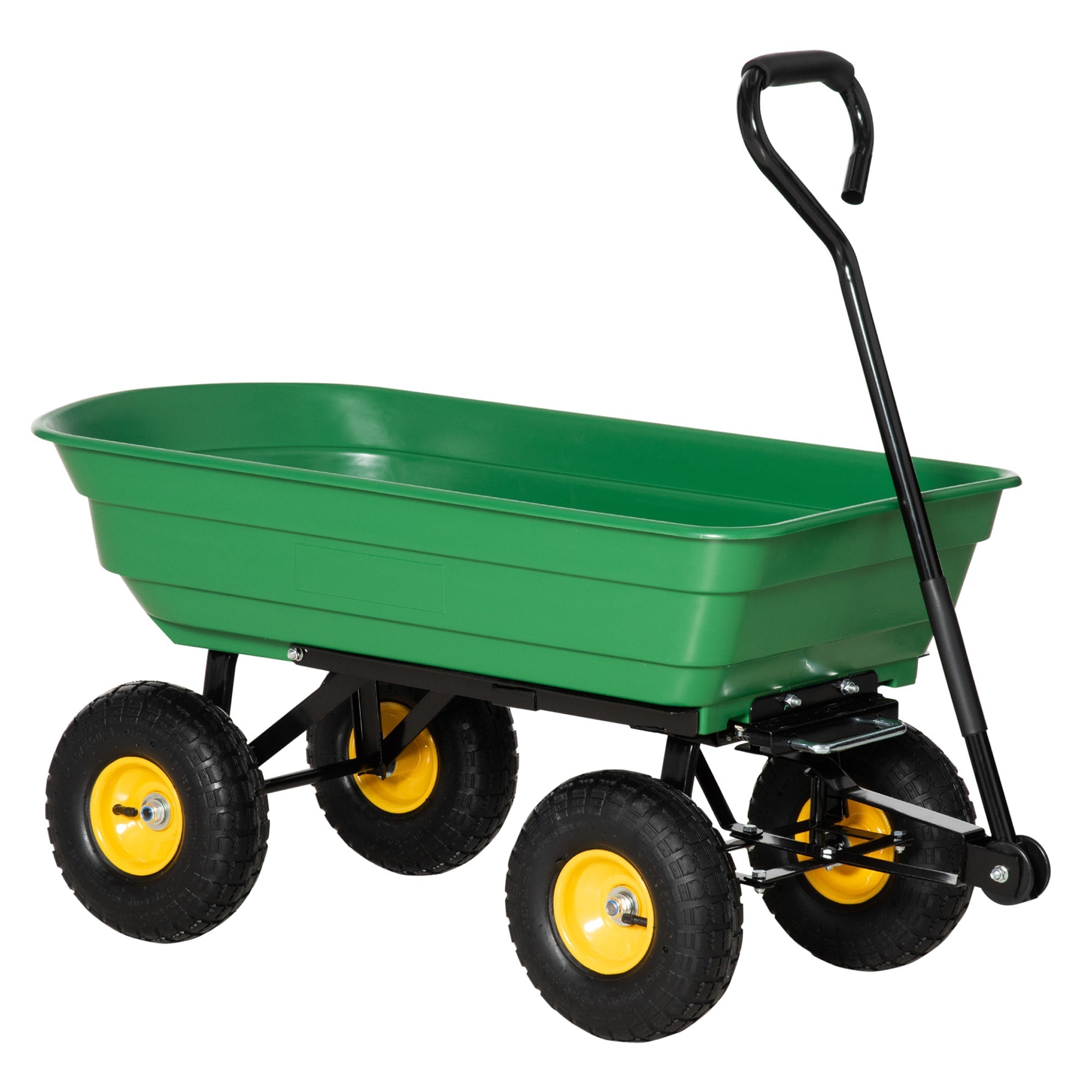 Green plastic garden cart with black metal frame and yellow wheel hubs heavy duty 75 litre outsunny model
