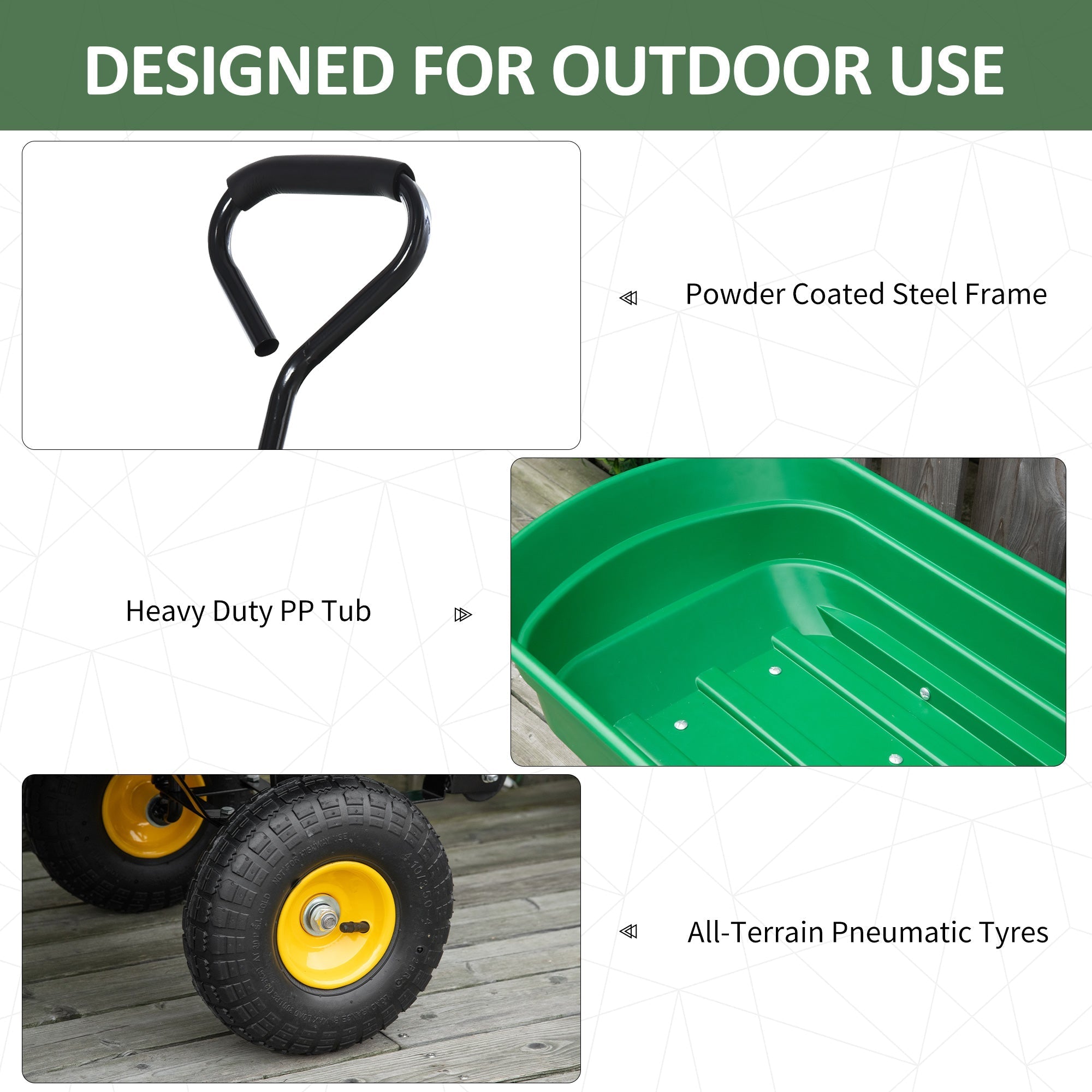 Green heavy-duty plastic garden cart with black steel frame and yellow all-terrain pneumatic tires for heavy loads