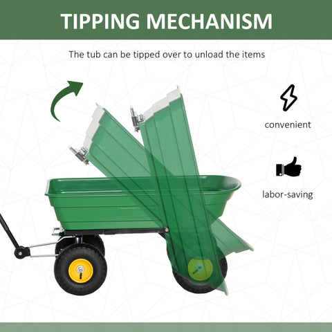Green plastic tipping garden cart with yellow wheels and black metal frame heavy duty 75 litre capacity
