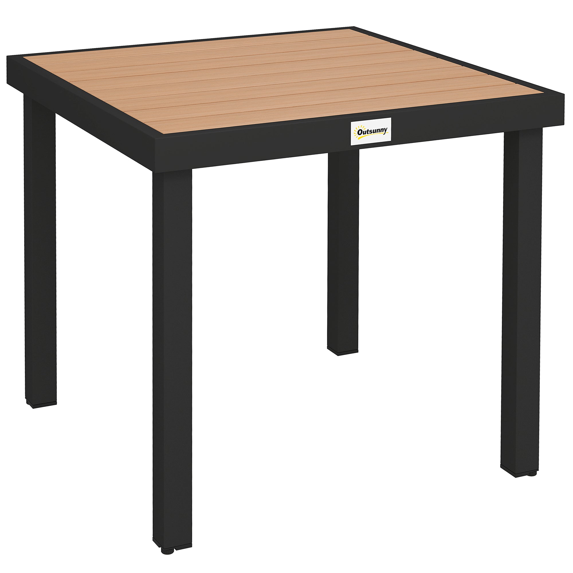 Black metal garden dining table with light brown wooden slat top and aluminium legs for outdoor use
