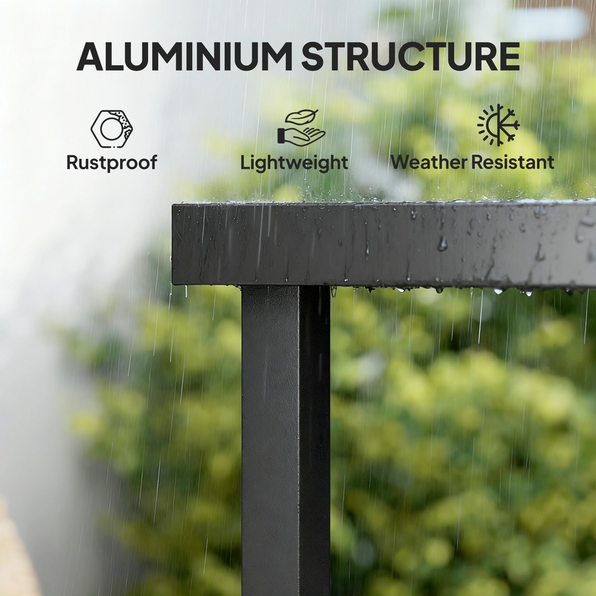 Black aluminum railing post with raindrops on a sleek rectangular profile for outsunny outdoor dining table legs