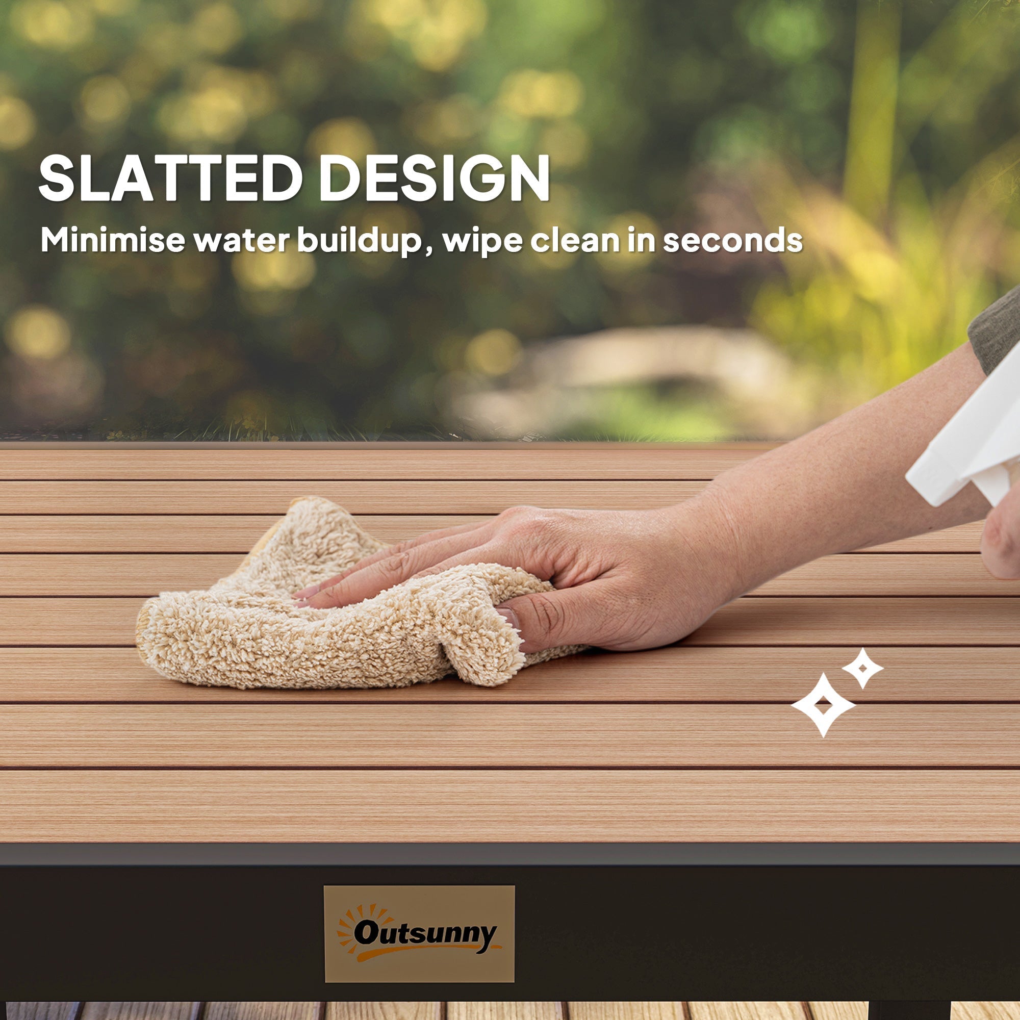 Beige microfiber cloth wiping a natural wood finish slatted surface of outsunny garden dining table with aluminium legs