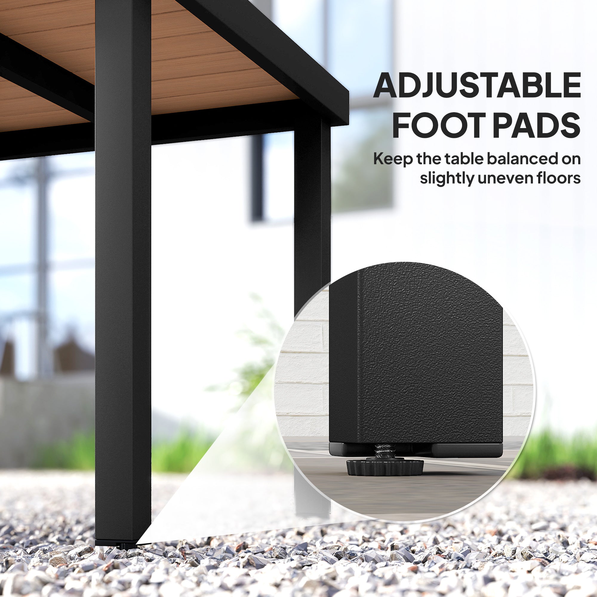 Black adjustable foot pad with textured surface and round base for outsunny garden dining table on uneven floors