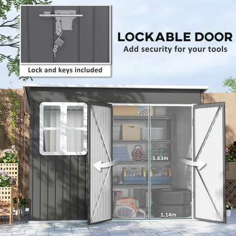 Dark gray galvanised steel storage shed with white window frames lockable double doors and foundation kit
