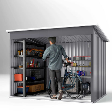 Gray outsunny storage shed with galvanised steel corrugated siding white roof and foundation kit for outdoor use