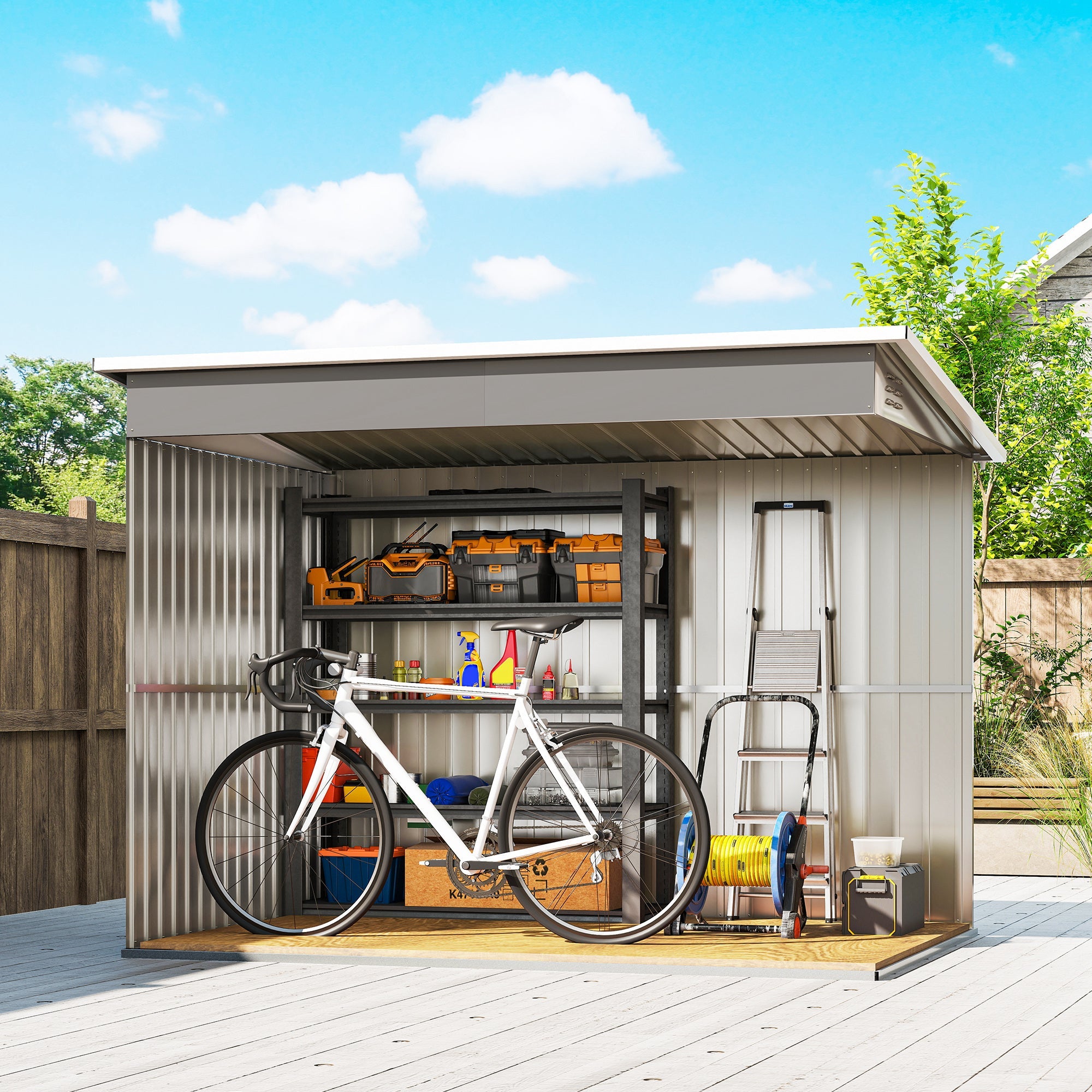 Gray metal storage shed made of galvanised steel with foundation kit, lockable doors, window, and air vents