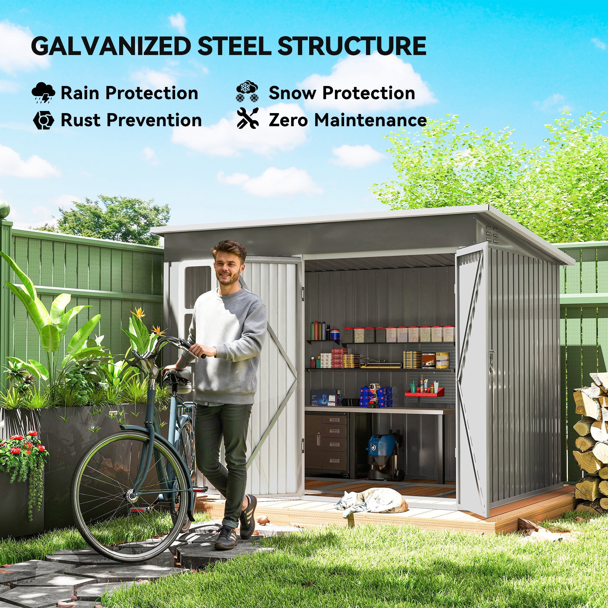 Gray galvanised steel storage shed with double doors interior shelving and foundation kit for outdoor patio use