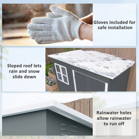 Dark grey outsunny 8.5 x 6ft galvanised steel storage shed with sloped roof white trim and foundation kit for outdoor use