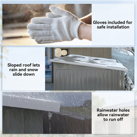 Gray galvanised steel outsunny storage shed with sloped roof rainwater holes and foundation kit for outdoor use