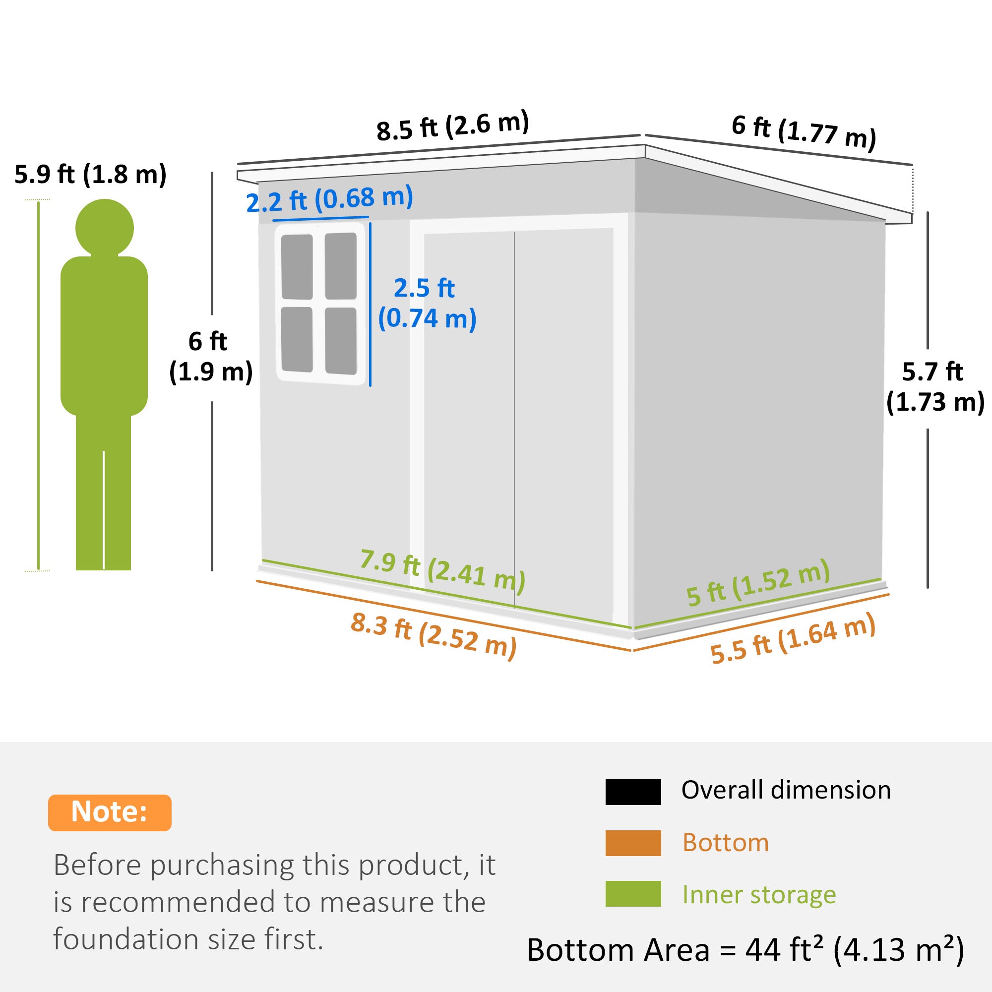 Gray outsunny 8.5 x 6ft galvanised steel storage shed with white trim window lockable doors and foundation kit