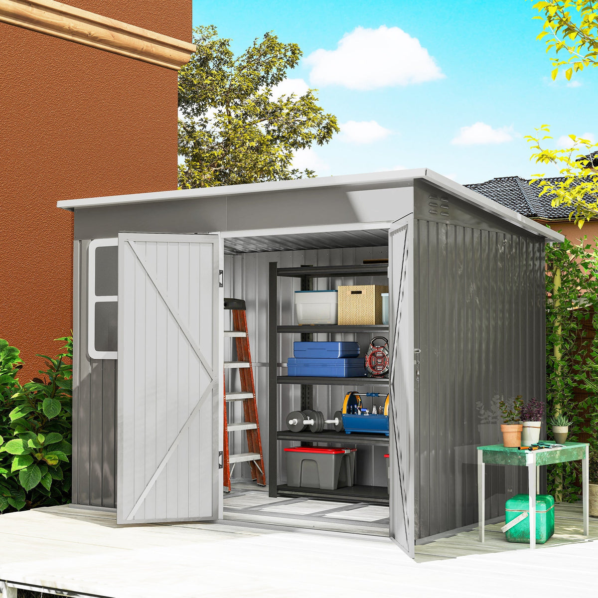 Gray outsunny 8.5 x 6ft galvanised steel storage shed with foundation kit and open white crossbuck doors showing tools inside