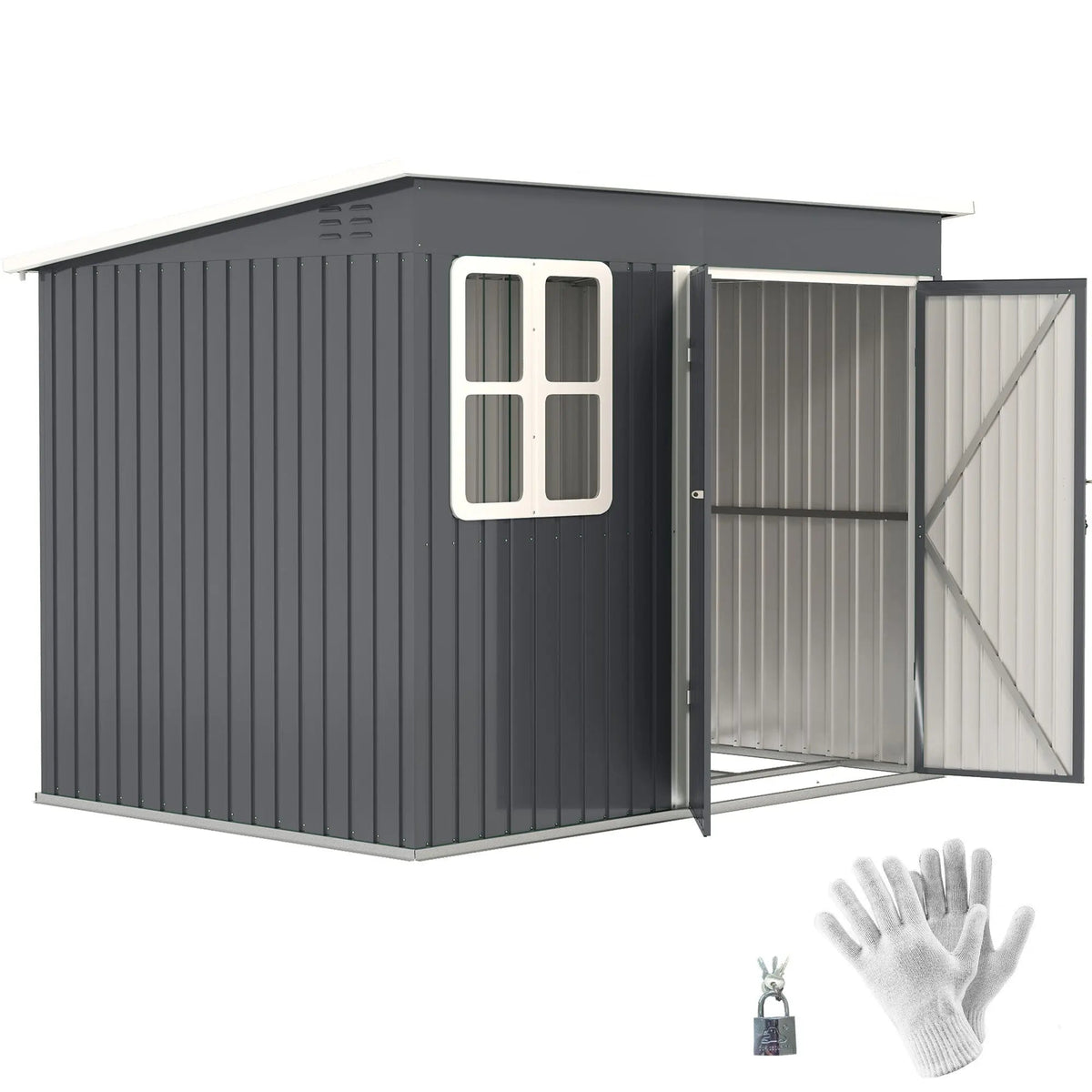 Dark gray galvanised steel outsunny storage shed with white window frame open lockable doors and foundation kit visible