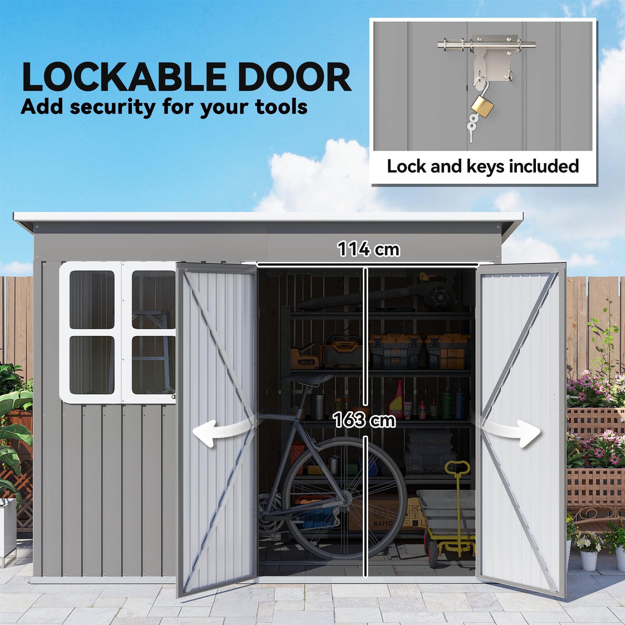 Gray galvanised steel storage shed with white windows lockable doors and foundation kit for outdoor patio use