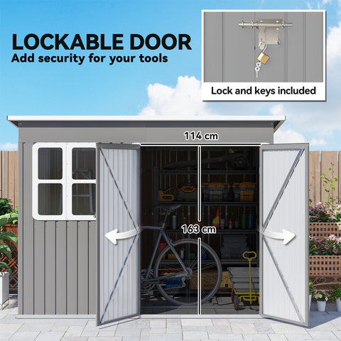 Gray galvanised steel storage shed with white windows lockable doors and foundation kit for outdoor patio use