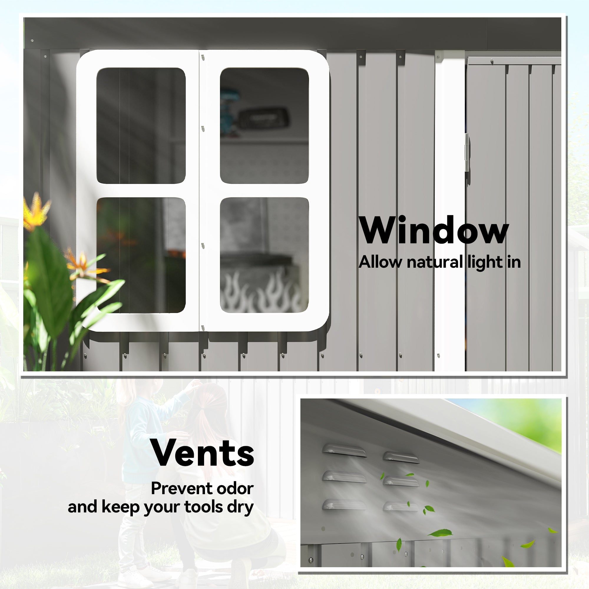 White-framed four-pane window on light grey Outsunny galvanised steel storage shed with foundation kit for garden use