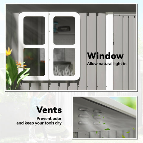 White-framed four-pane window on light grey Outsunny galvanised steel storage shed with foundation kit for garden use