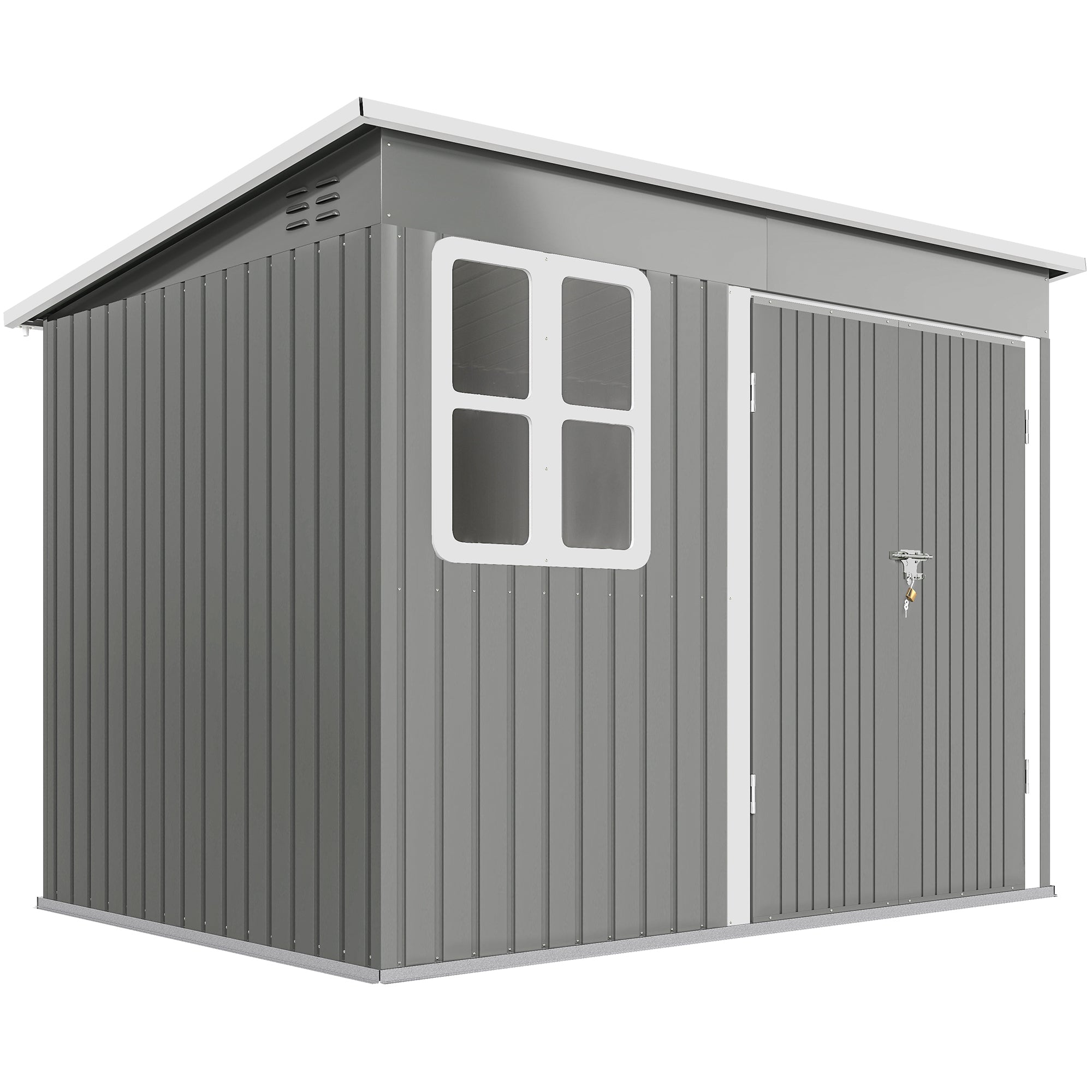 Gray metal storage shed with white trim made of galvanised steel featuring foundation kit and lockable wide doors