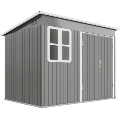 Gray metal storage shed with white trim made of galvanised steel featuring foundation kit and lockable wide doors
