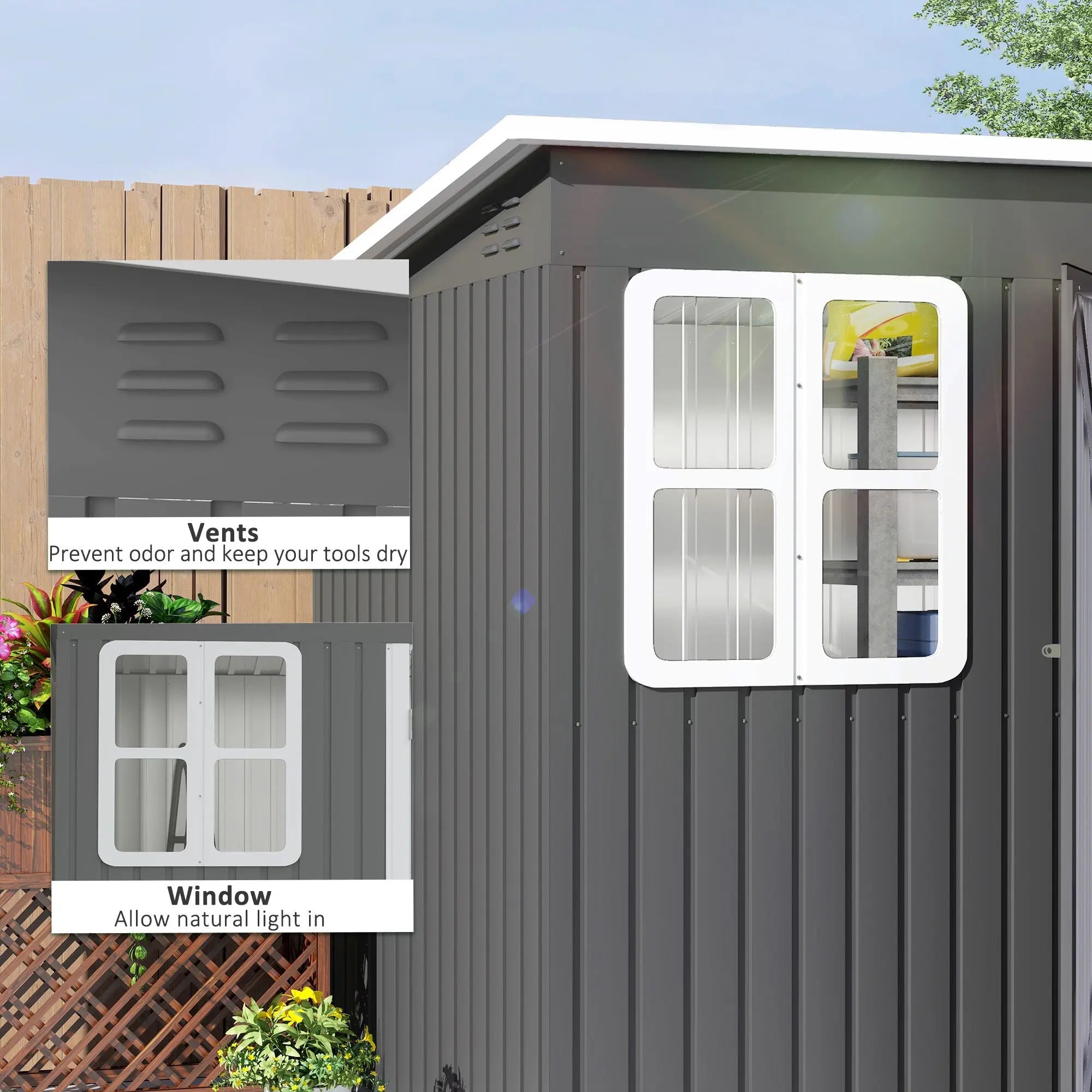 Gray outsunny galvanised steel storage shed with white window frames ventilation slots and foundation kit