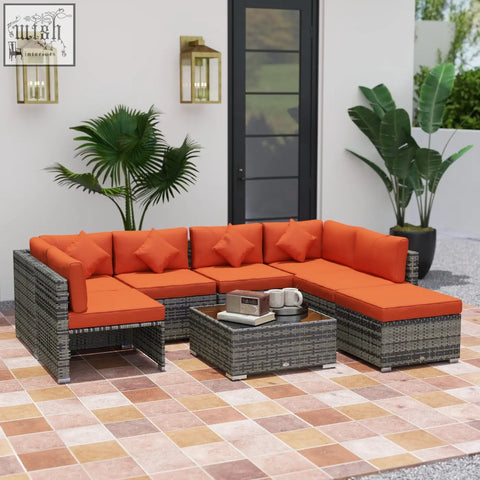 Outsunny 8 pieces patio rattan sofa set with orange cushions and dark gray woven wicker steel frame 73d x 65hcm