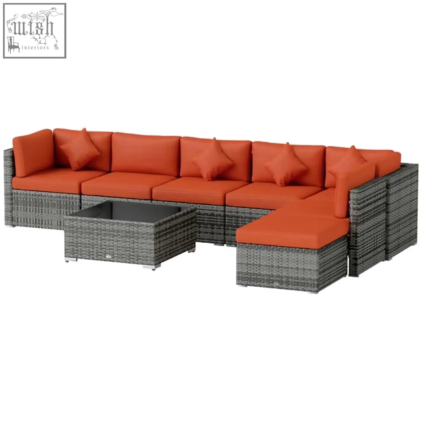 Outsunny 8 pieces patio rattan furniture set with gray wicker, steel frame, vibrant orange cushions, 73d x 65hcm size