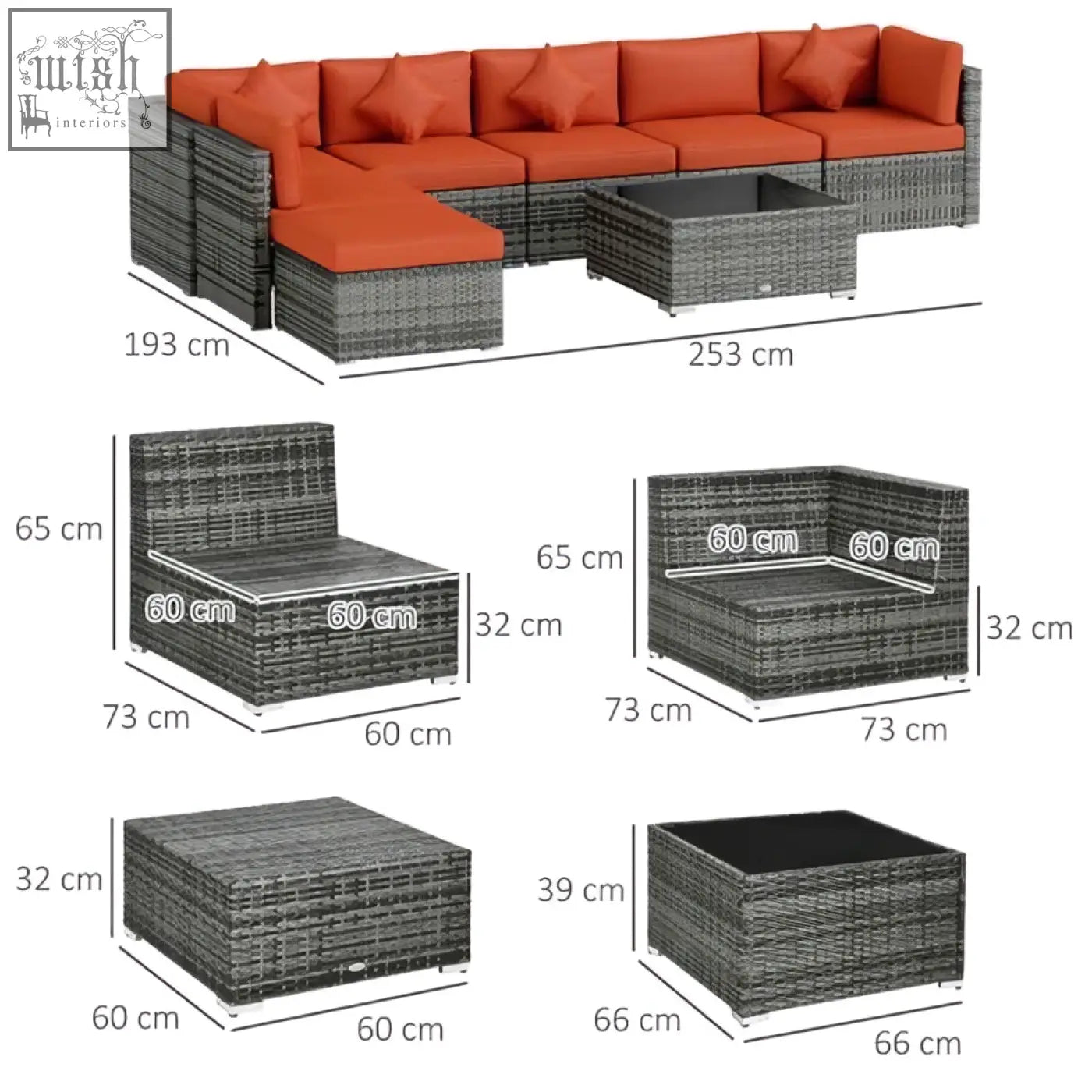 Outsunny 8 pieces patio rattan furniture set with gray woven wicker steel frame and orange cushions 73d x 65hcm