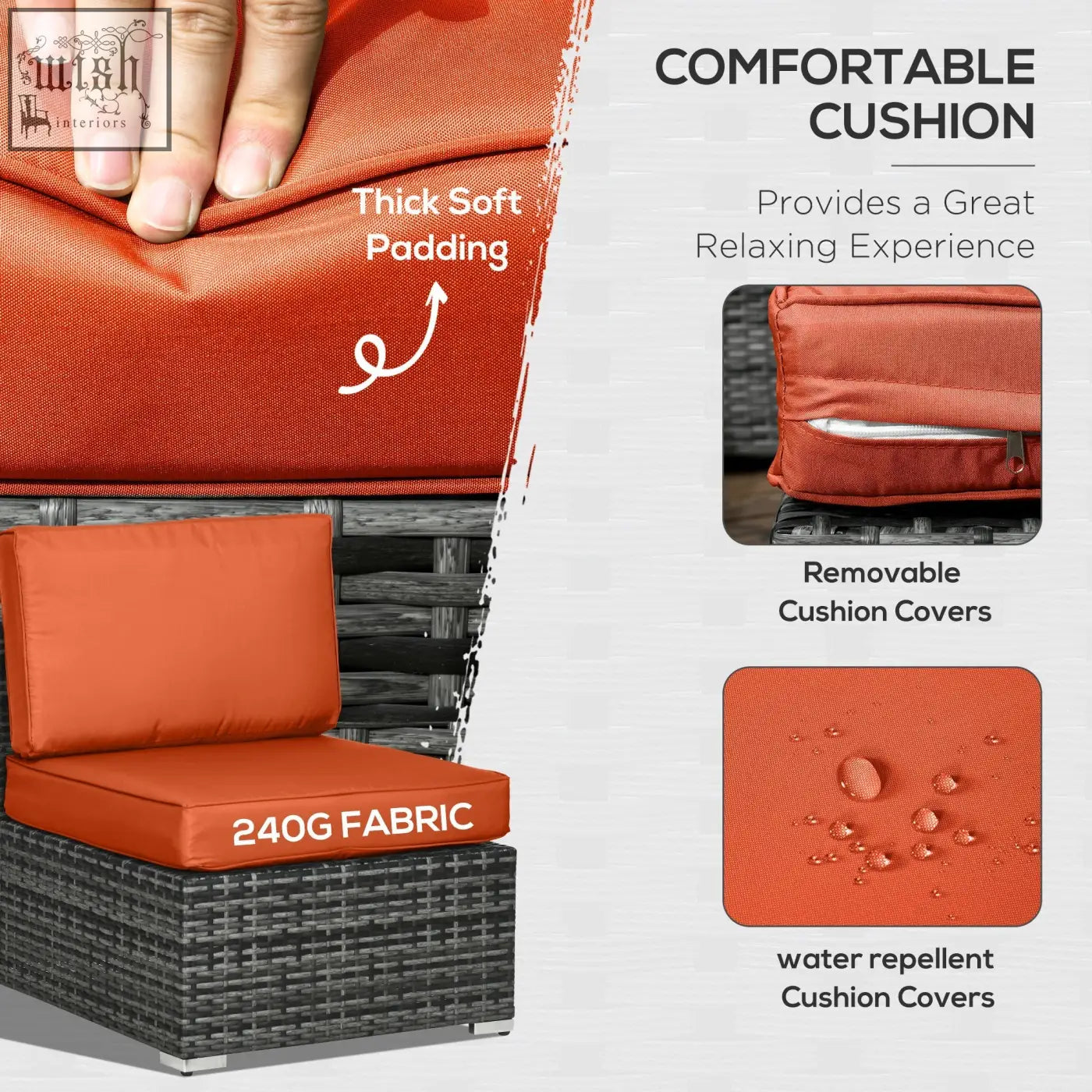 Orange cushion with thick soft padding and water repellent 240g fabric for outsunny 8 pieces patio steel frame furniture set 73d x 65hcm