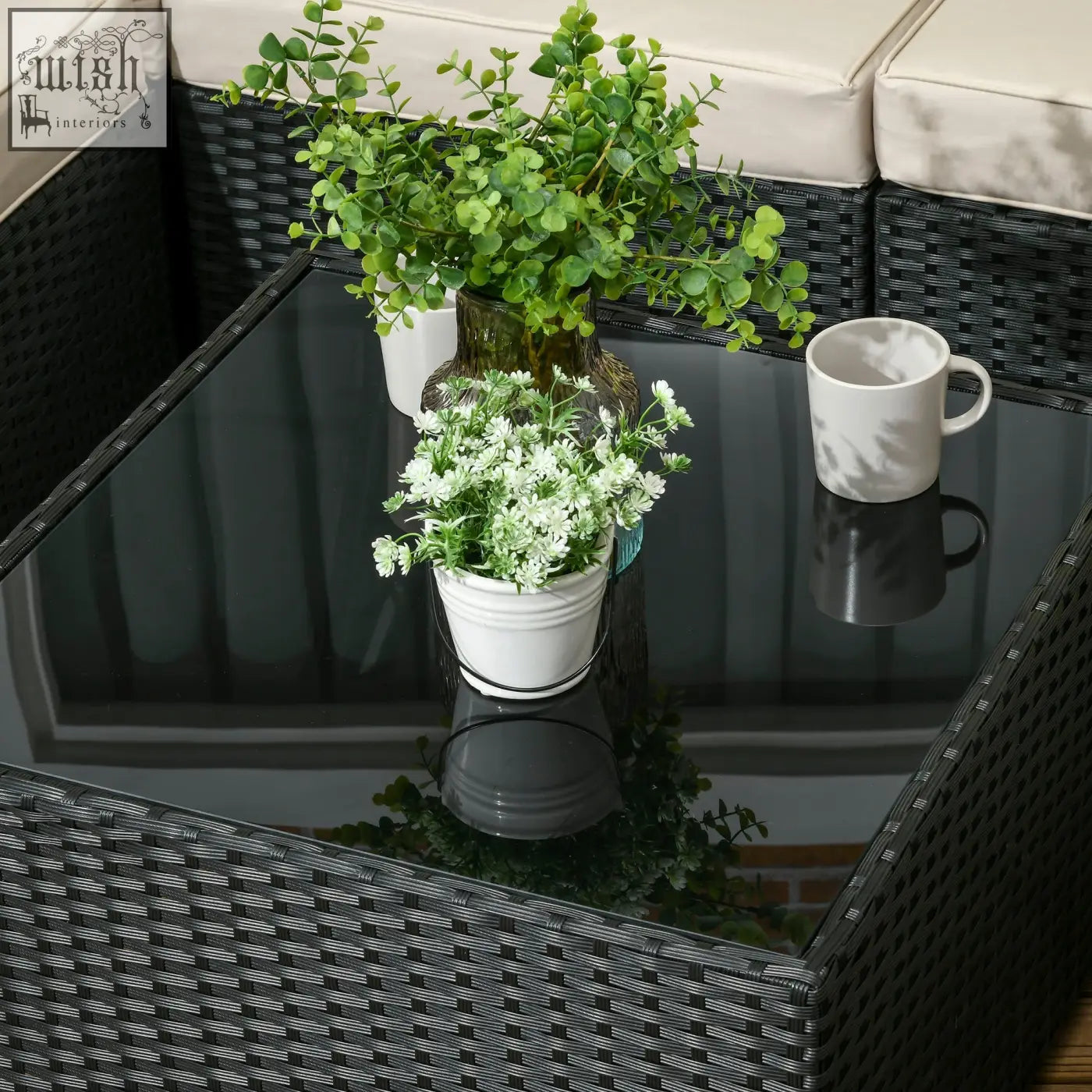 Black wicker patio table with tempered glass top from outsunny corner sofa set with steel frame and corner seats