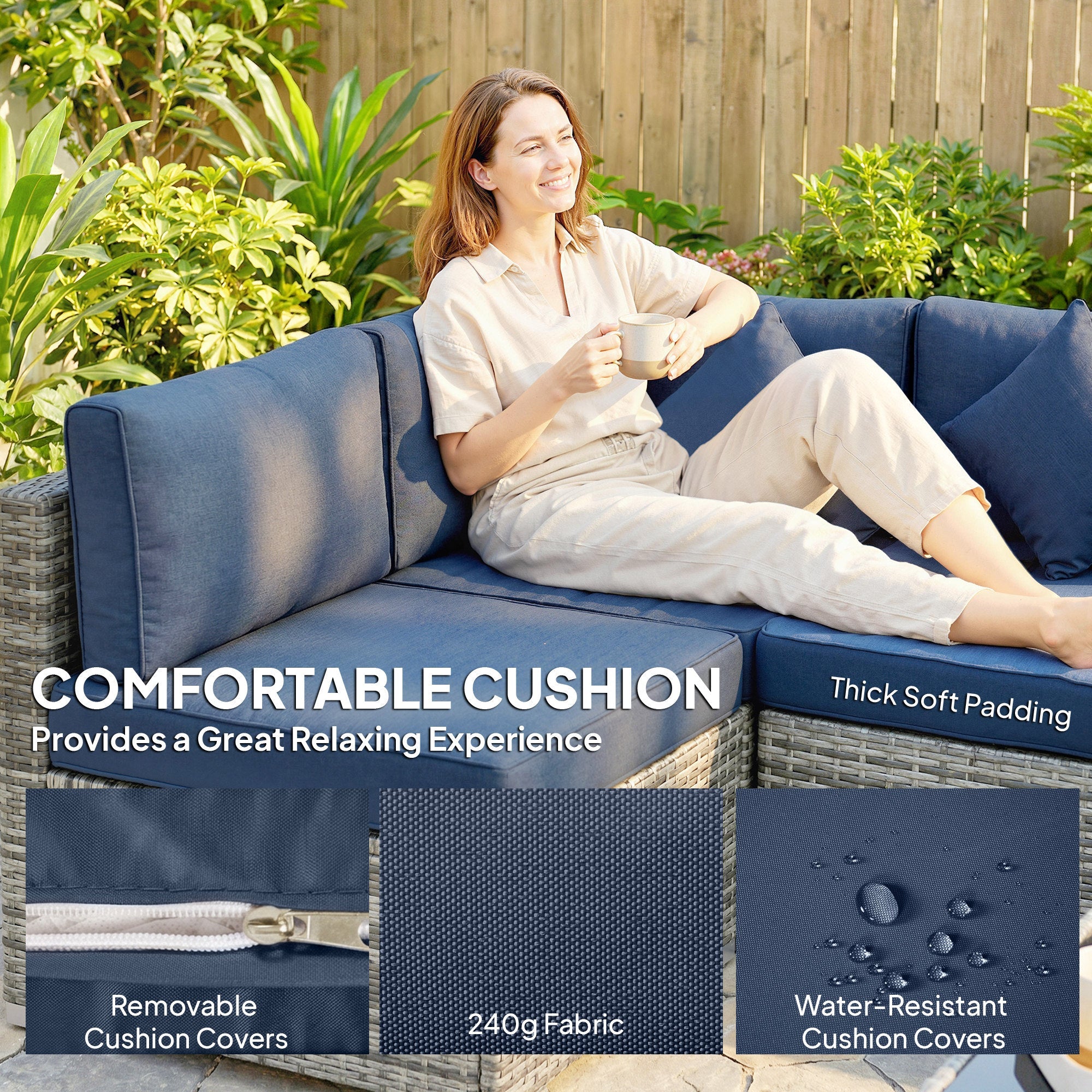 Navy blue cushion with thick padding and removable 240g covers for outsunny steel frame corner sofa set seats