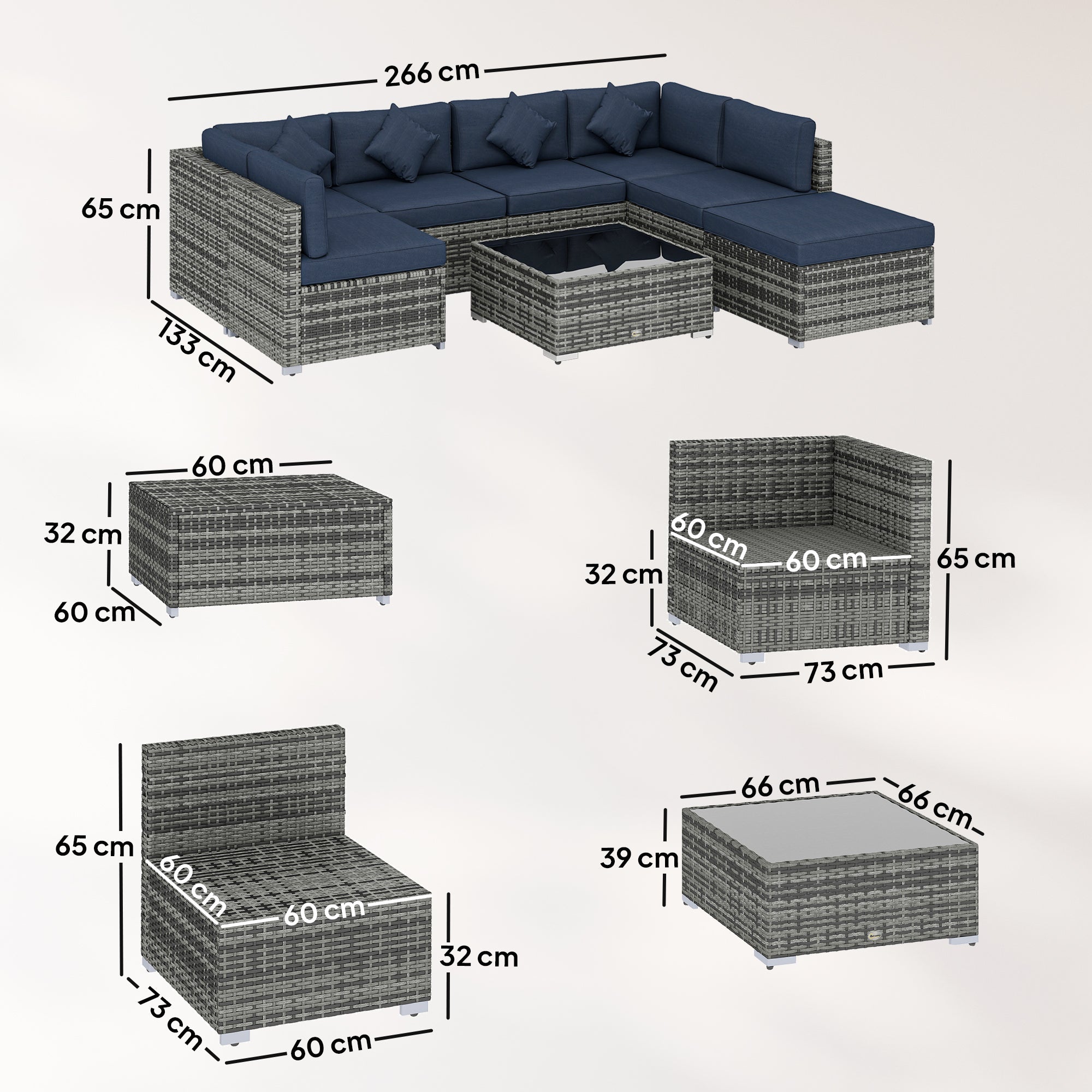 Outsunny gray woven rattan corner sofa set with navy blue cushions and steel frame for outdoor patio seating