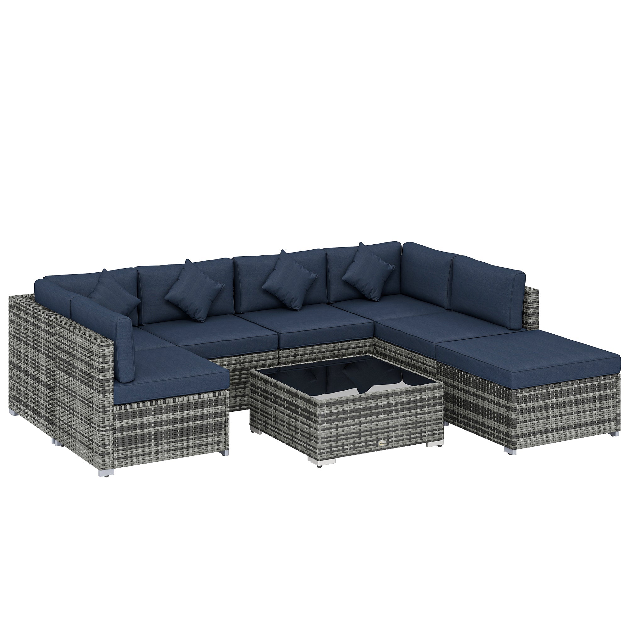 Outsunny gray woven wicker corner sofa set with navy blue cushions and glass-top table on steel frame for outdoor use