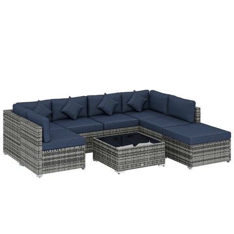 Outsunny gray woven wicker corner sofa set with navy blue cushions and glass-top table on steel frame for outdoor use