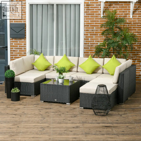 Outsunny 8 piece black wicker corner sofa set with cream cushions lime green pillows steel frame and tempered glass table