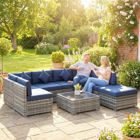 Outsunny 8 pieces pe rattan corner sofa set with gray woven wicker, navy blue cushions, steel frame, and matching coffee table