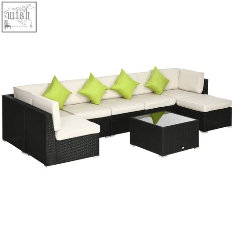 Outsunny black wicker 8 piece outdoor corner sofa set with cream cushions lime green pillows and steel frame