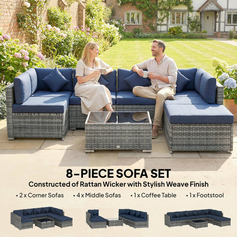 Gray woven rattan wicker outdoor corner sofa set with navy blue cushions and steel frame by Outsunny