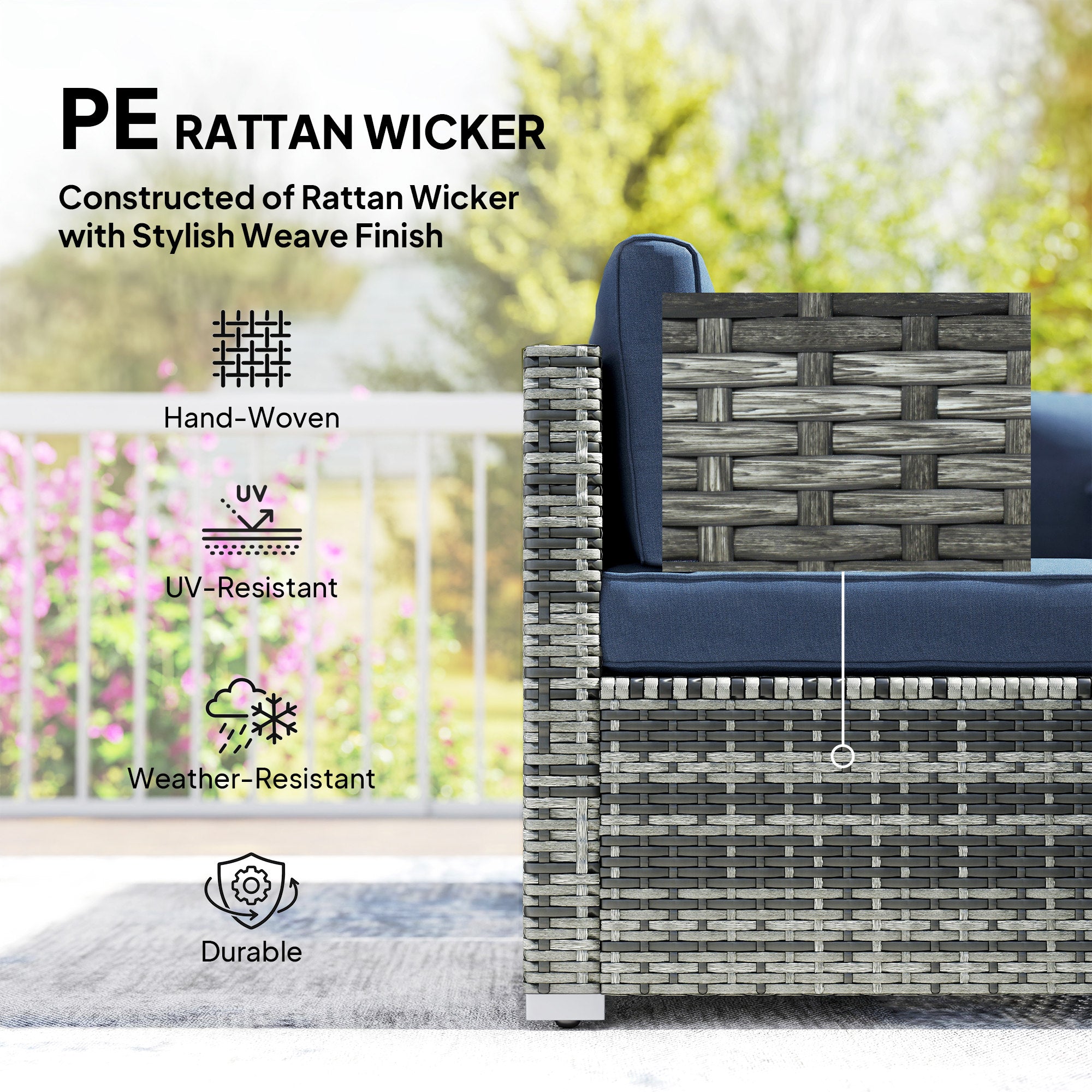Gray pe rattan wicker armchair with navy blue cushion in outsunny corner sofa set with steel frame for outdoor use