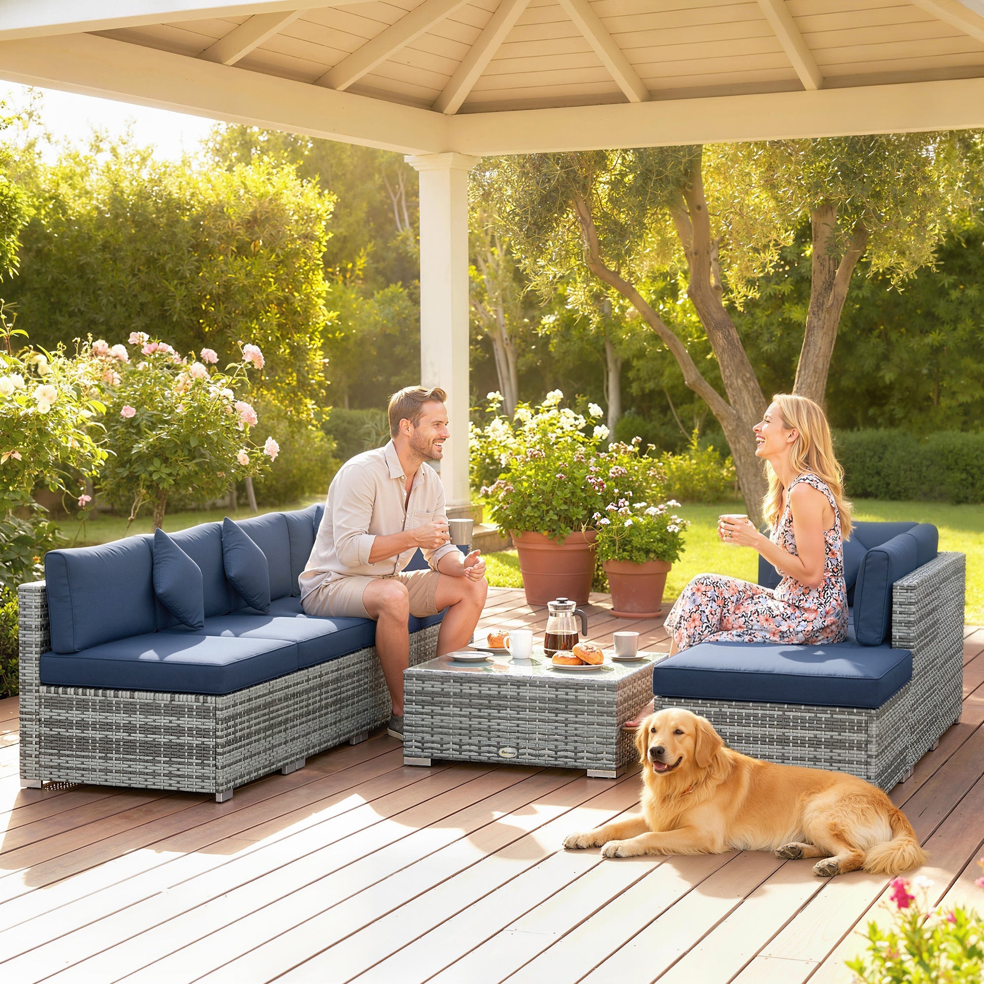 Gray woven wicker outdoor corner sofa set with navy blue cushions and steel frame for patio seating