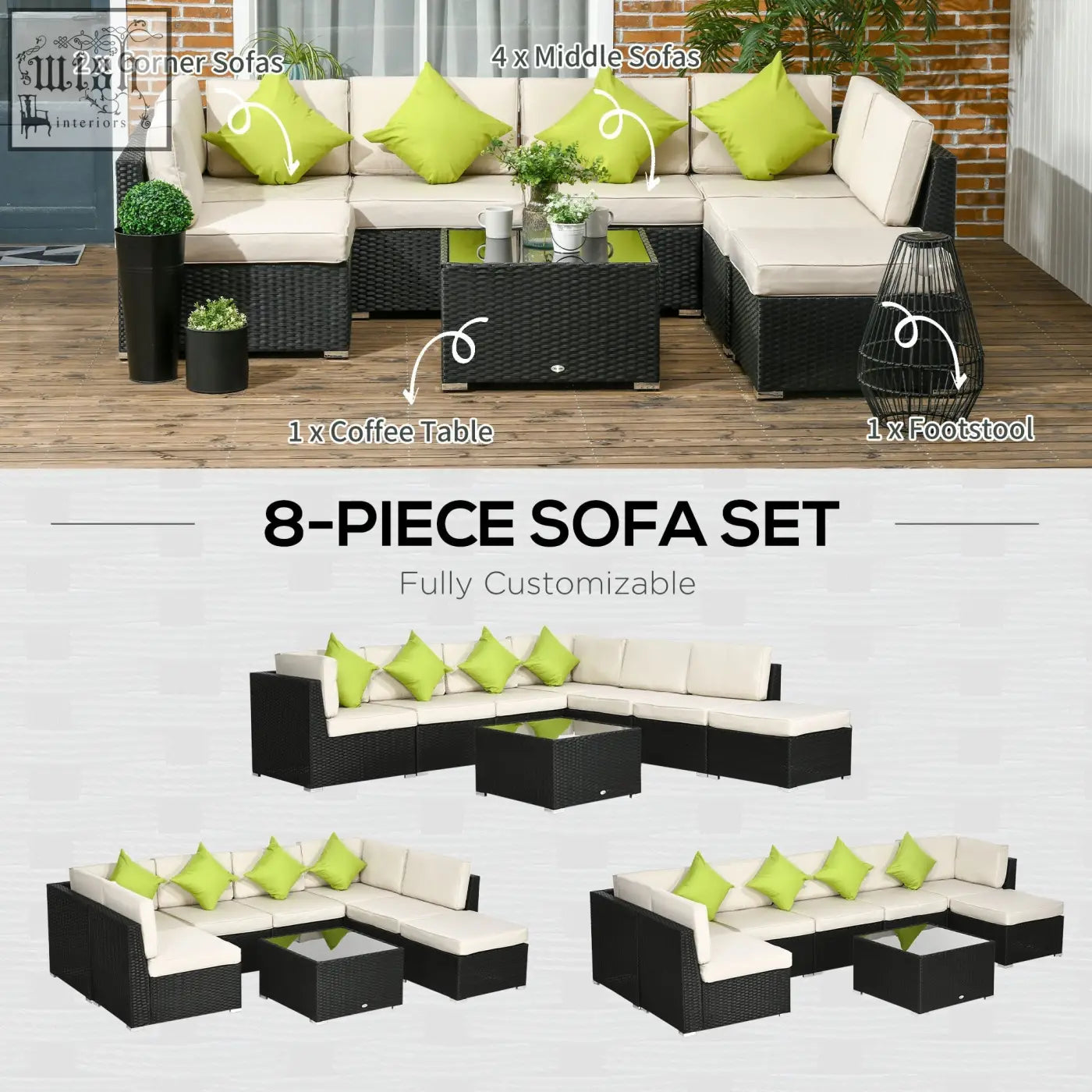 Outsunny black wicker corner sofa set with steel frame cream cushions and lime green throw pillows for outdoor use