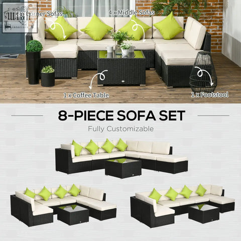 Outsunny black wicker corner sofa set with steel frame cream cushions and lime green throw pillows for outdoor use