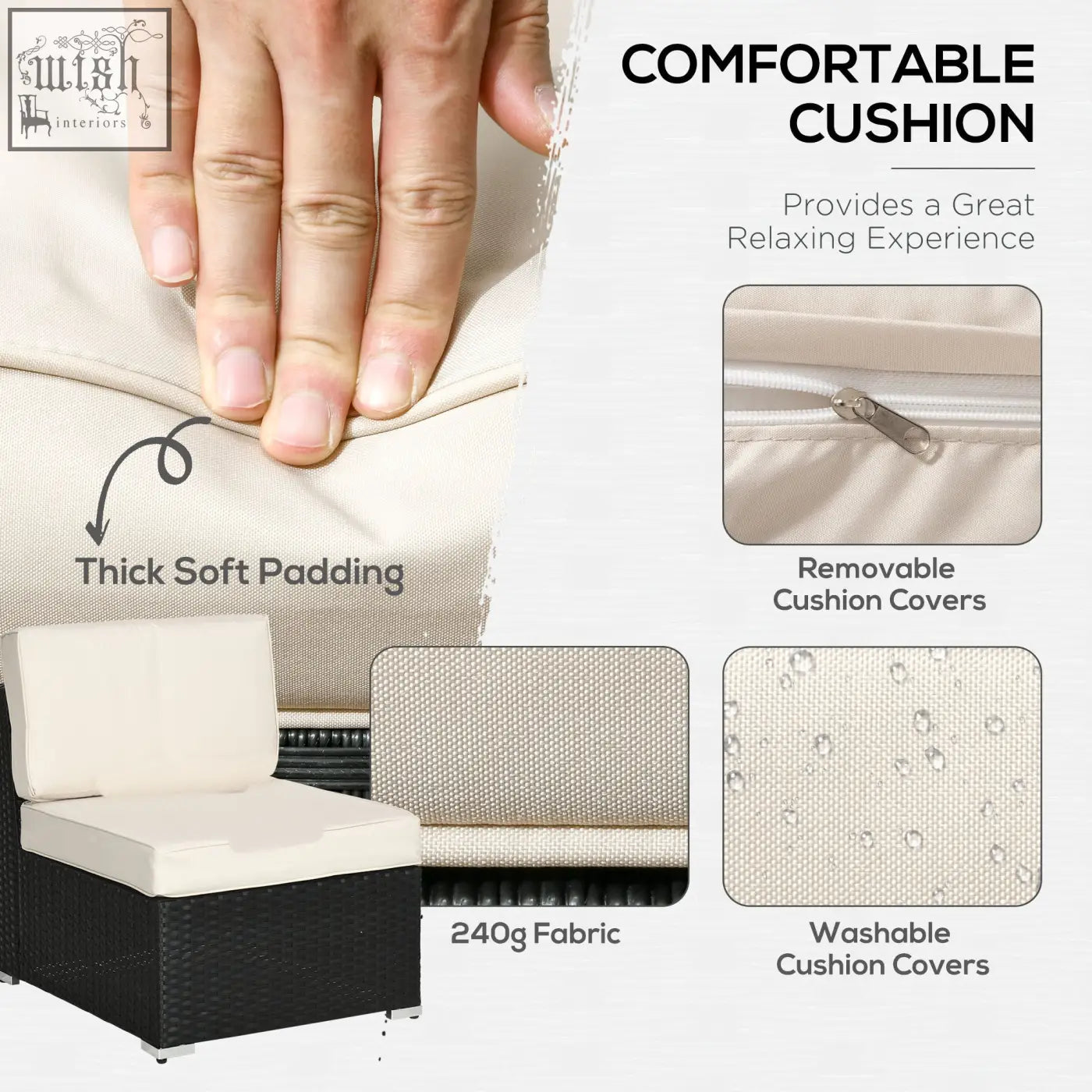 Cream-colored removable cushion with thick padding and washable 240g fabric cover for outsunny corner sofa set steel frame
