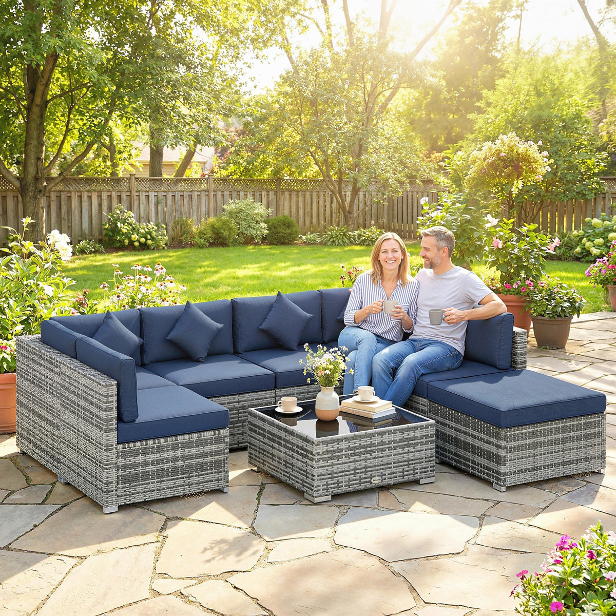 Gray woven wicker outdoor corner sofa set with navy cushions and steel frame perfect for garden seating