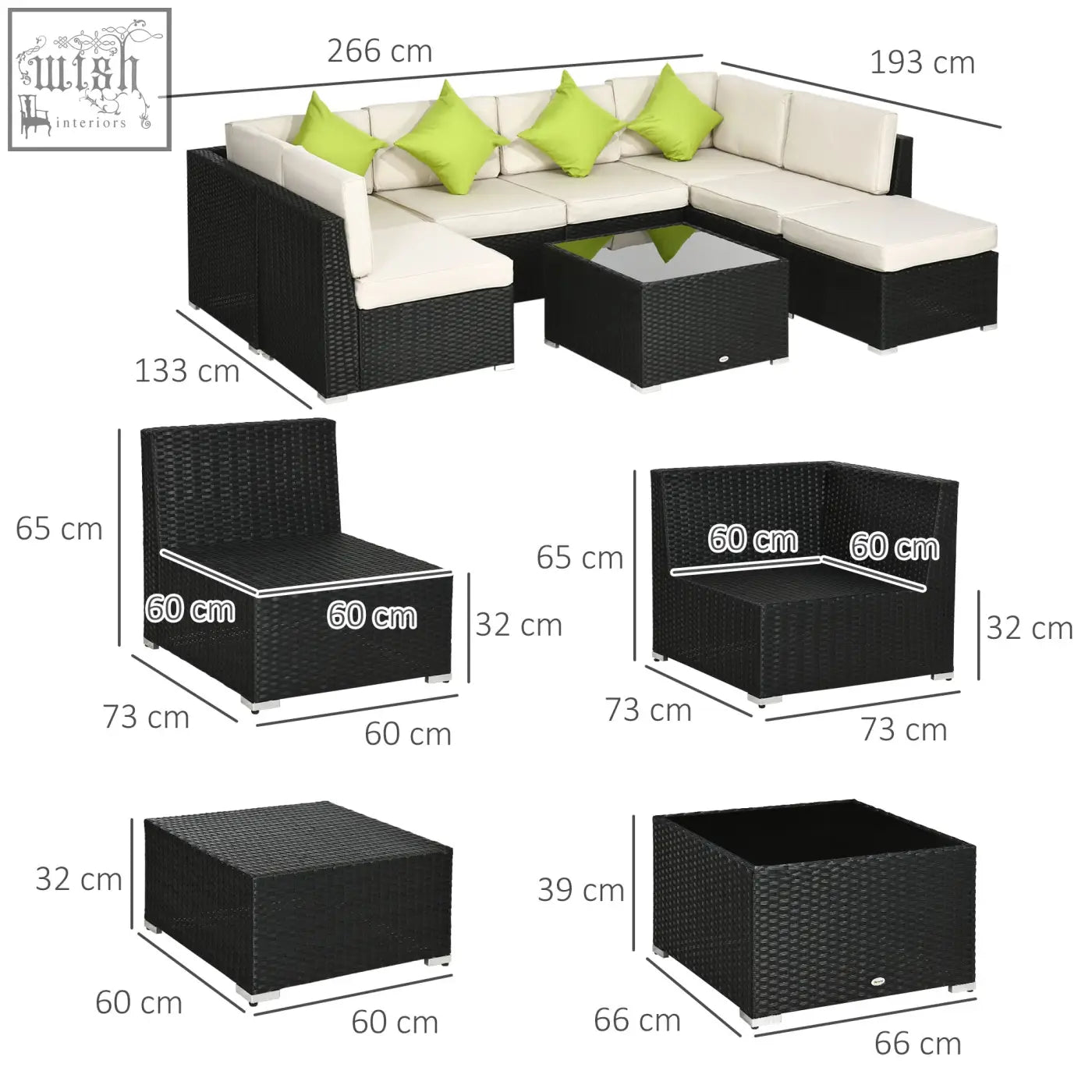 Black woven rattan corner sofa set with cream cushions and lime green pillows on steel frame for outdoor use