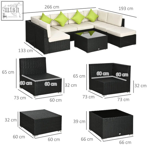 Black woven rattan corner sofa set with cream cushions and lime green pillows on steel frame for outdoor use