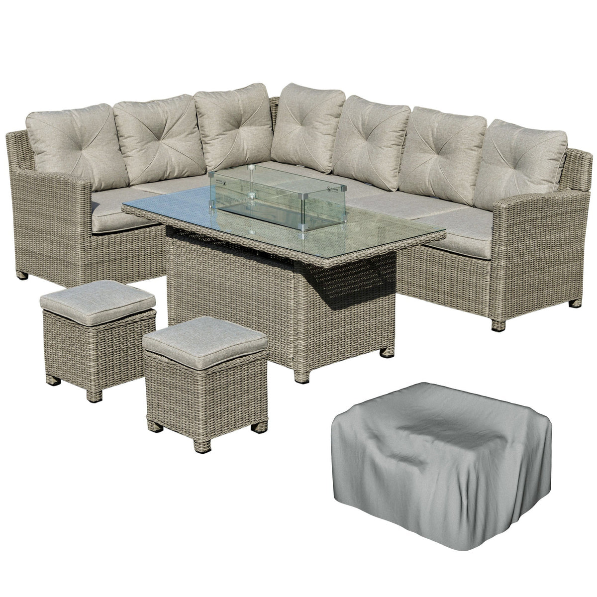 Beige wicker outdoor sectional sofa set with tufted cushions and glass-top pit table includes furniture cover 78d x 85h