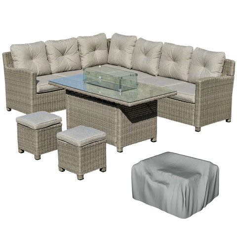Beige wicker outdoor sectional sofa set with tufted cushions and glass-top pit table includes furniture cover 78d x 85h