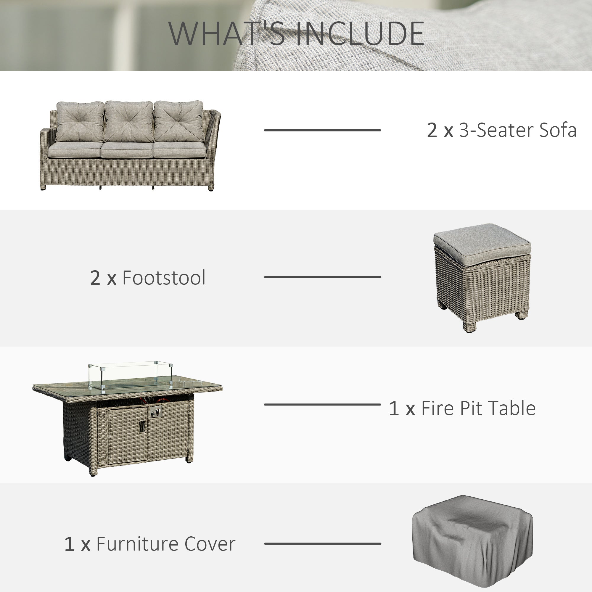 Gray wicker 3-seater outdoor sofa with tufted cushions from outsunny 8-seater PE rattan set with pit table and furniture cover 78d x 85h